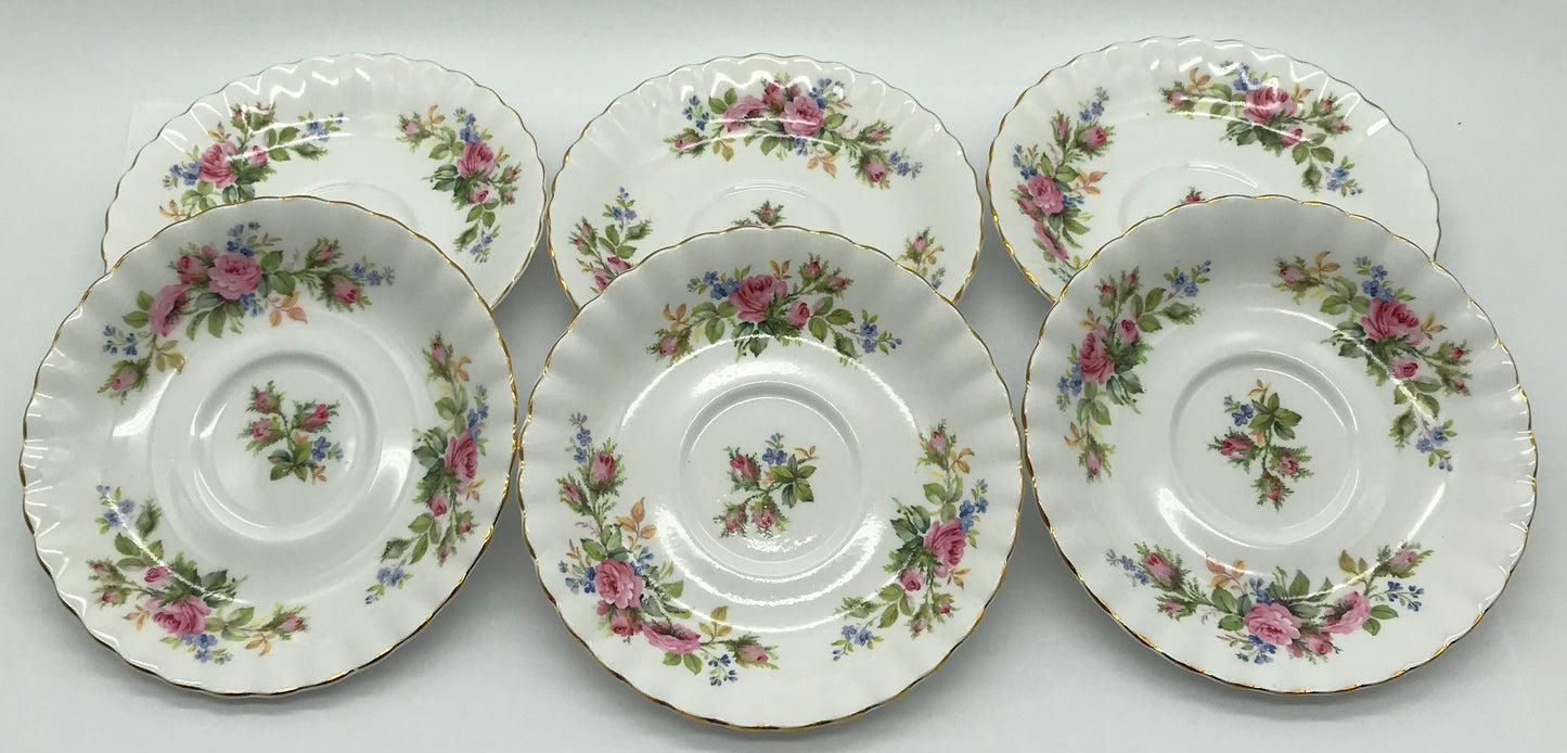 6 x Royal Albert Moss Rose Bone China Unterteller, Teeteller Blumendekor