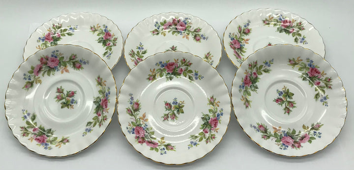 6 x Royal Albert Moss Rose Bone China Unterteller, Teeteller Blumendekor