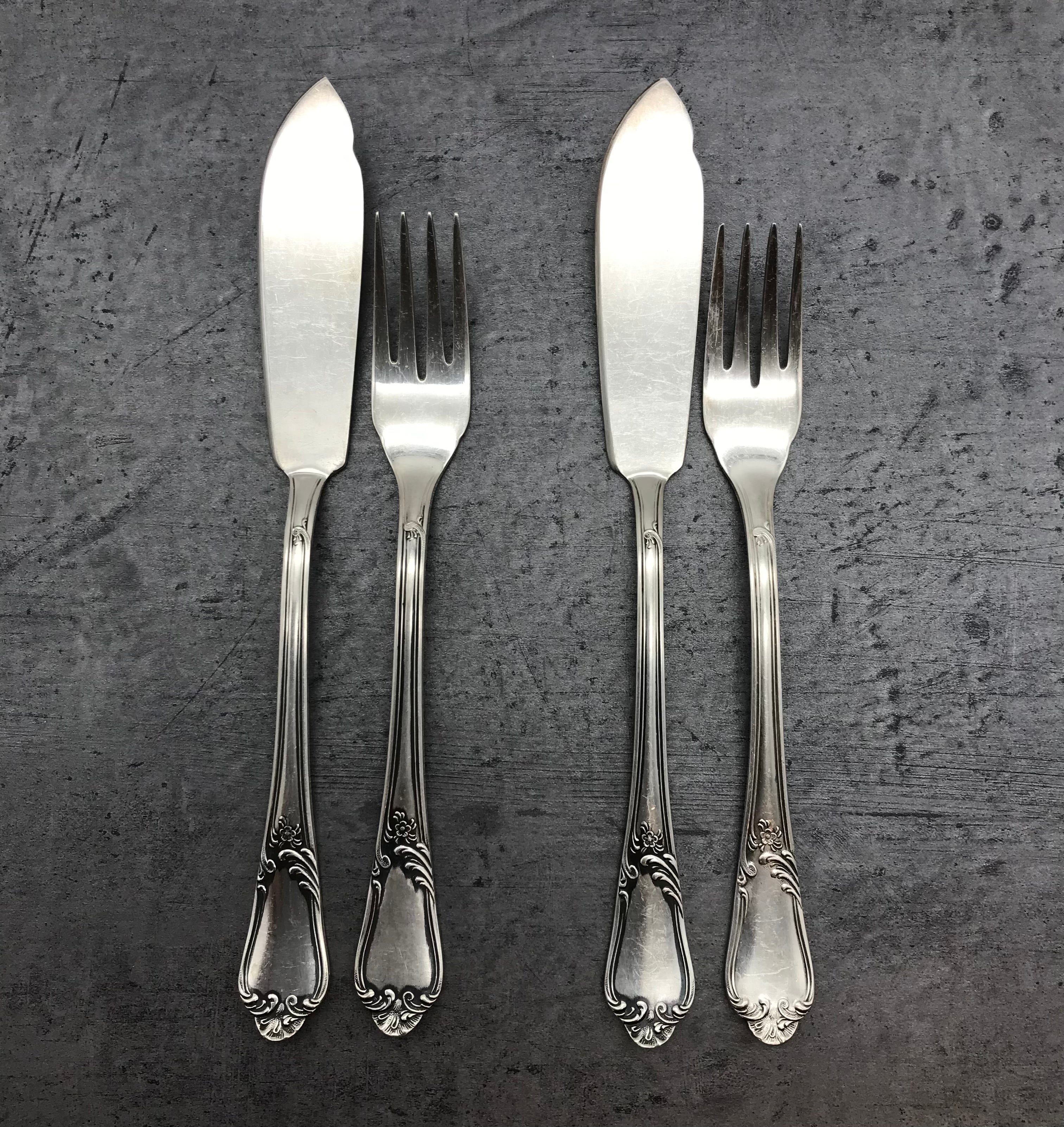 Fischbesteck, 4 Tlg., MFN 100er Silber, 2 Gabeln und 2 Messer