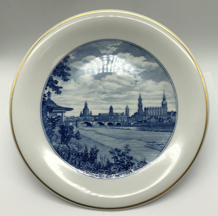 Meissen Wandteller Wall Plate Städteteller Dresden Stadtansicht Elbe Goldrand