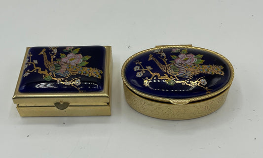 2 Stk. Pillendosen, goldfarben, Pfauenmotiv, dunkelblau