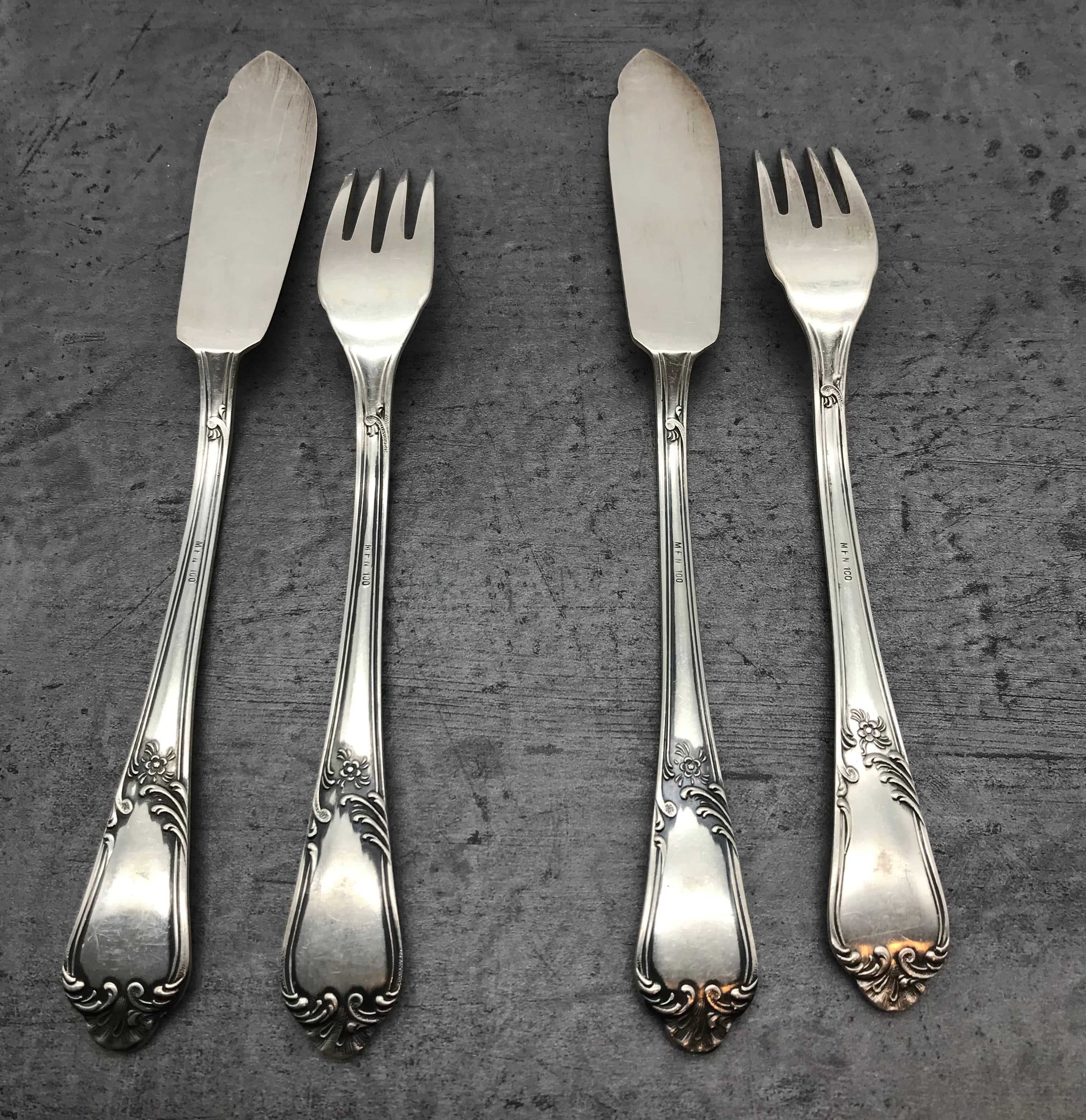 Fischbesteck, 4 Tlg., MFN 100er Silber, 2 Gabeln und 2 Messer