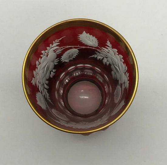 Dekorglas Bleikristall Glas/Vase Rot gefärbt mit Goldrand handgeschliffen, Lieckel