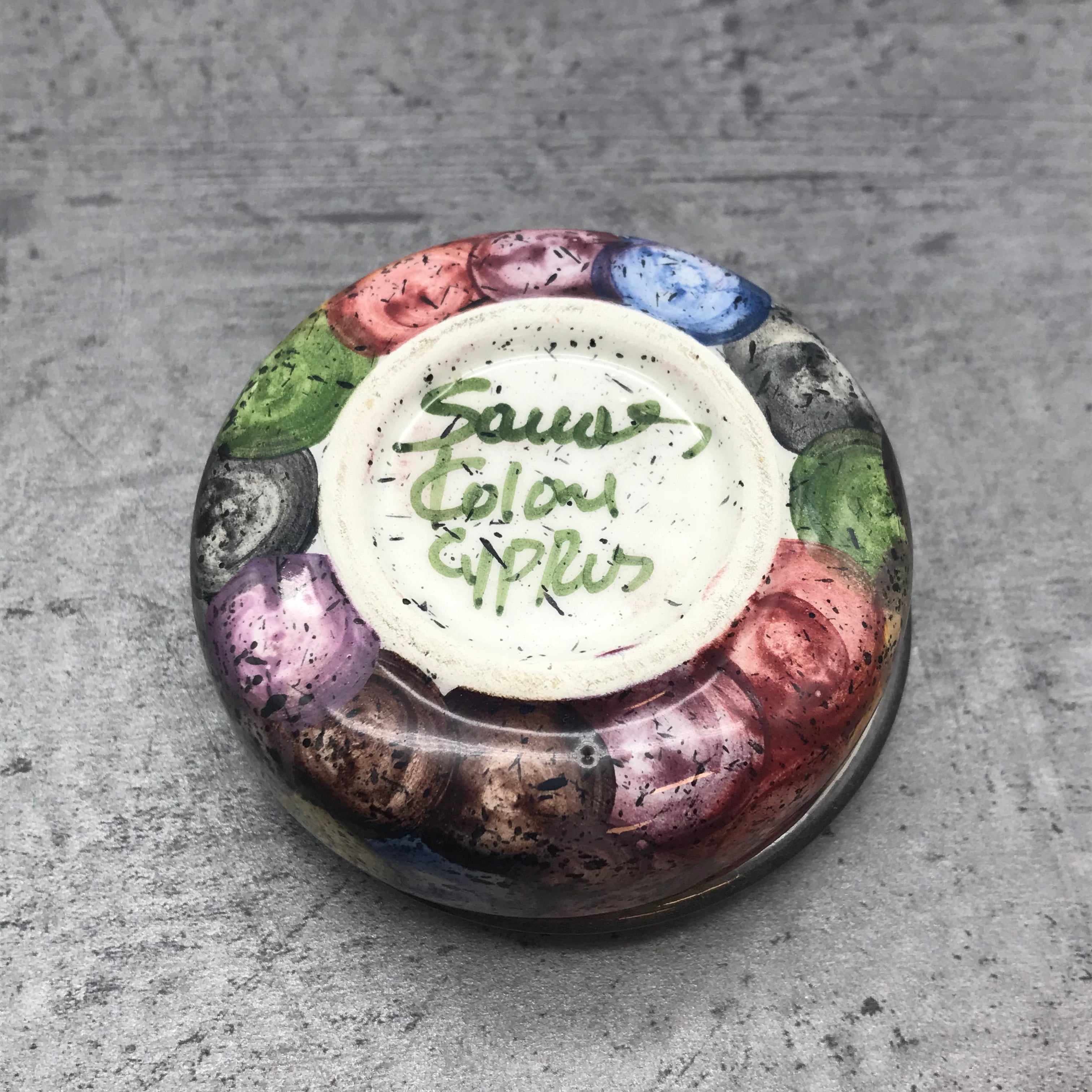 Kleine Porzelandose mit Deckel, Pillendose, bunte Kreise